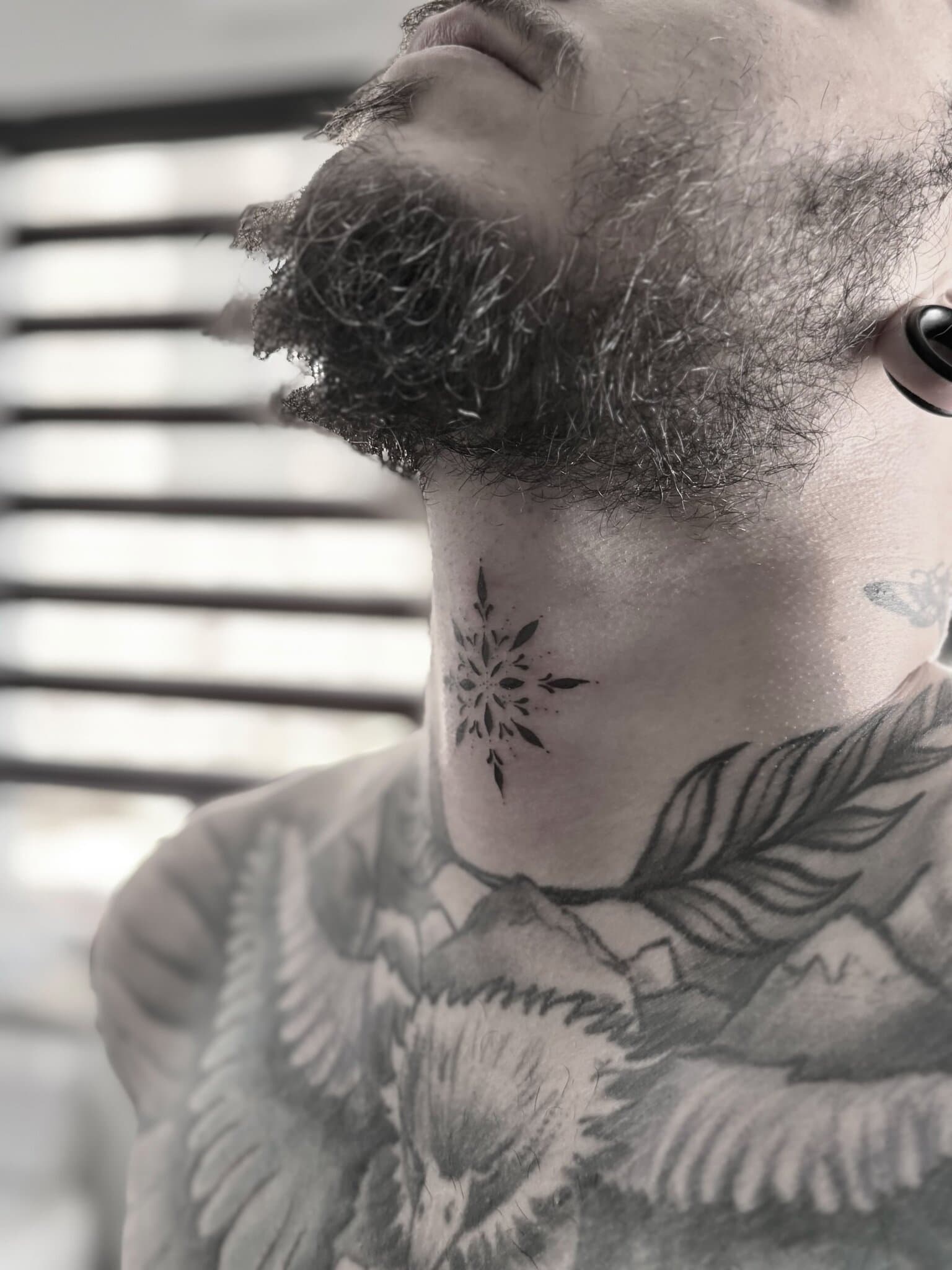 Ornamental neck piece seen in profile, blackwork — by Stefan Buttigieg