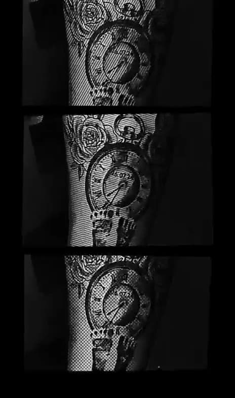 Pocket watch and roses, black-and-grey sleeve detail — short clip